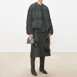 CHICJOC Ostrich Feather Embellished Wool Midi Skirt Luxury Handcrafted Appliqué